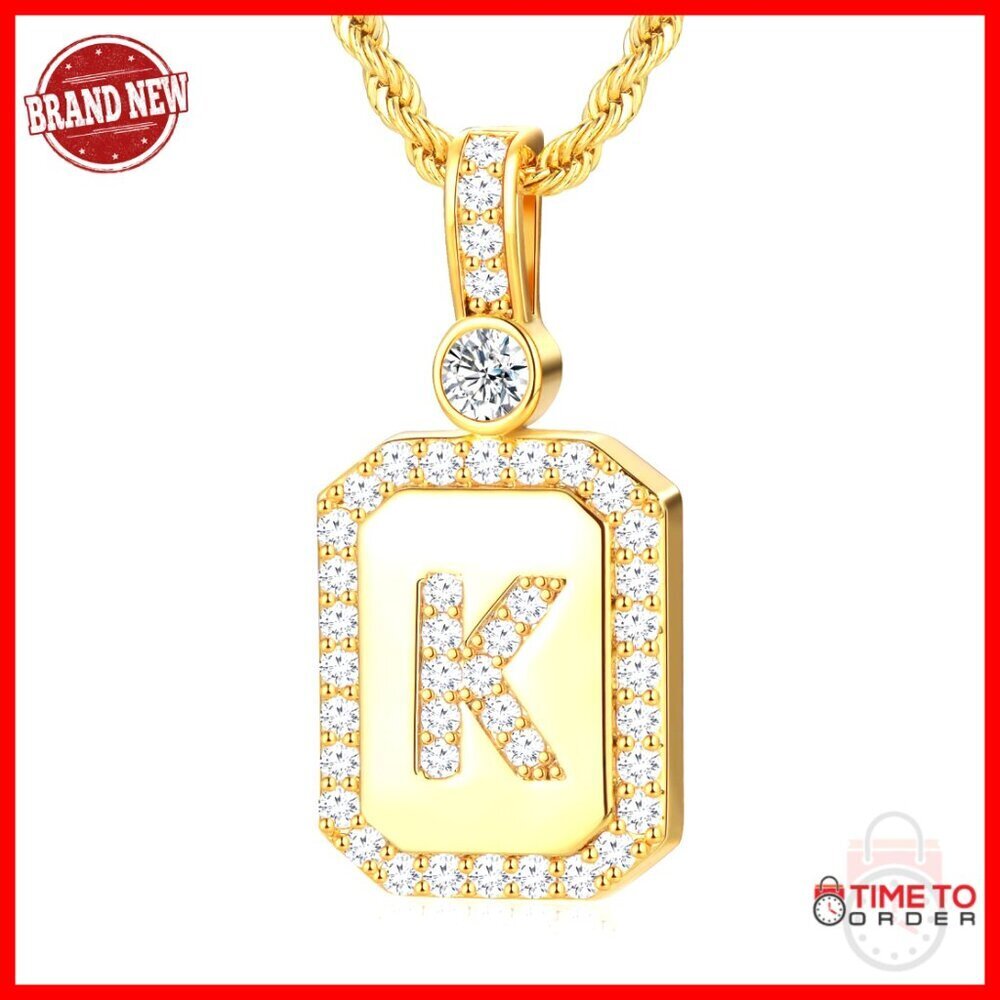 24K Gold Filled Initial Necklace with CZ Diamonds, Rope Chain